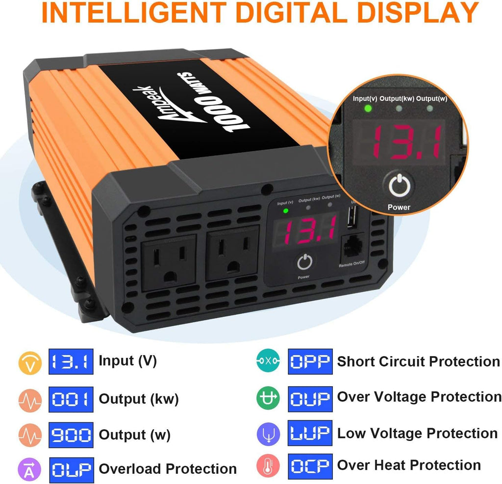 2000W Power Inverter 12V to 110V Digital LCD Display 3AC Outlets 2.1A USB U1896