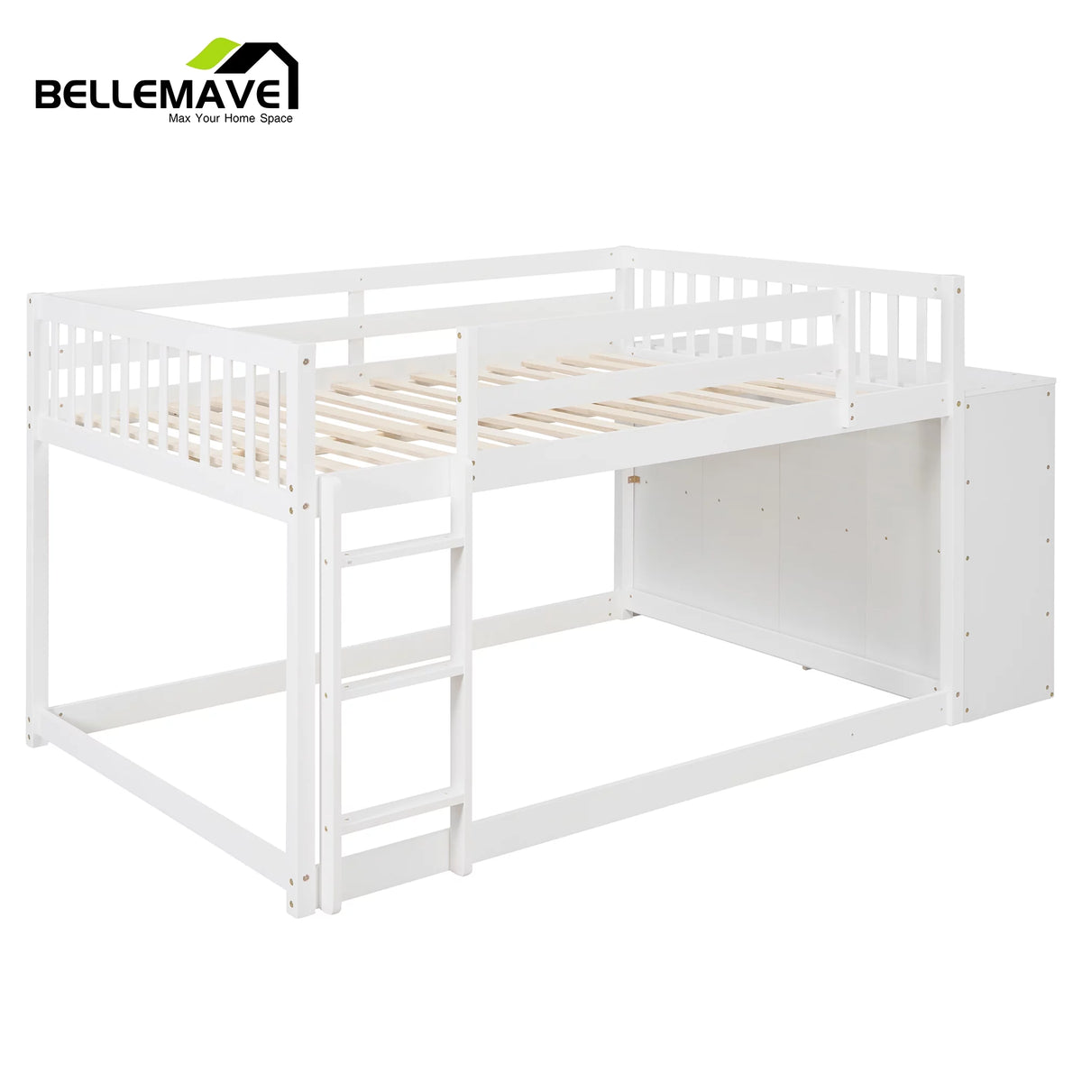 Full over Full Bunk Bed with Storage Cabinet, Ladder and Guardrail, White F5459