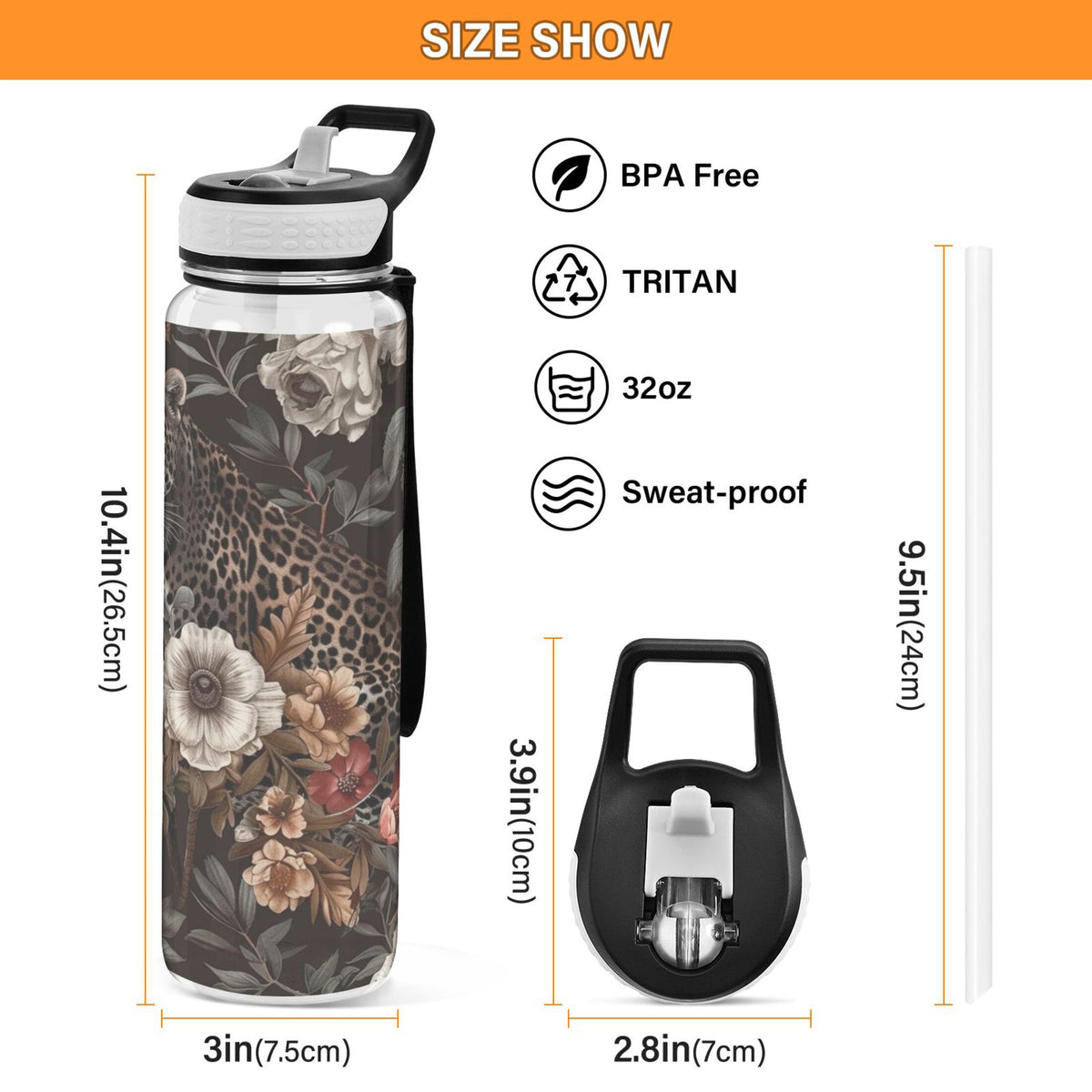 Leopard in Flowers 32oz Tritan Sports Water Bottle with Straw D1206
