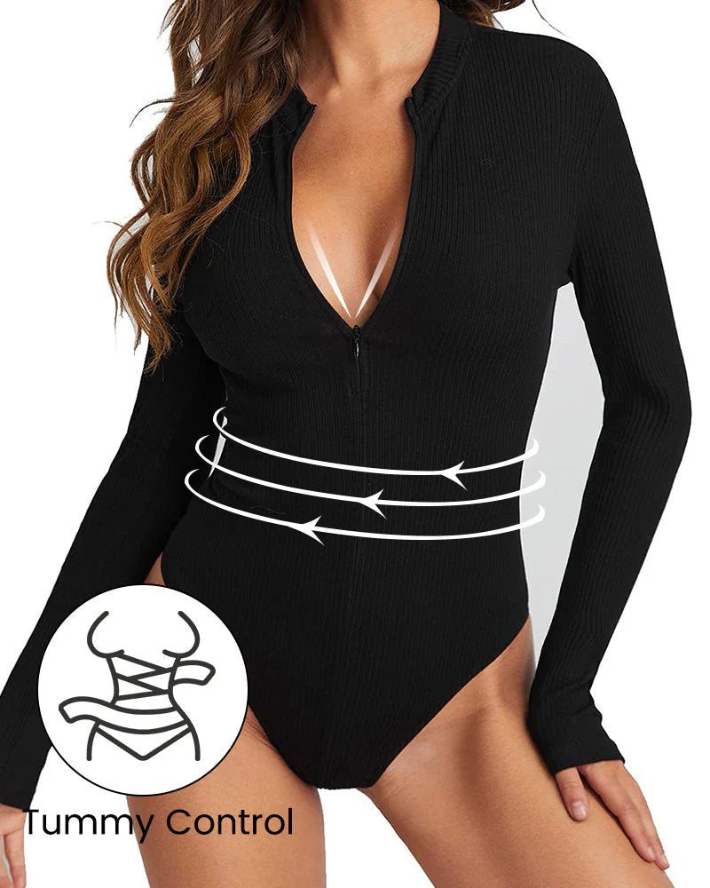 Ribbed Long Sleeve Half-Zip Bodysuit H862