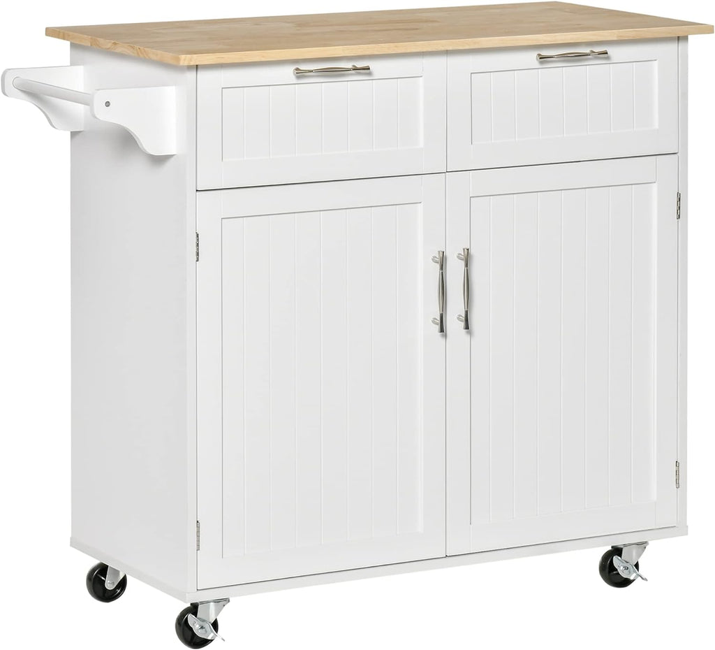 White Rolling Kitchen Island with Rubberwood Top and Drawers Z44518