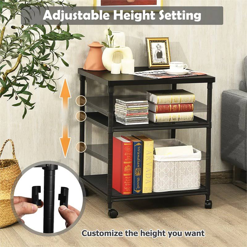 3-Tier Printer Stand Rolling Cart with Adjustable Shelf and Swivel Wheel Black T6999
