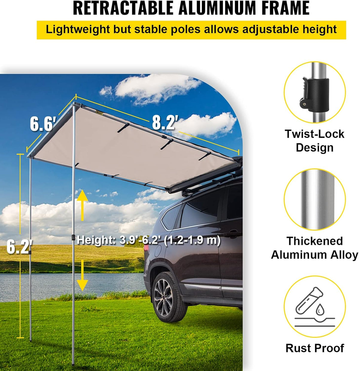 6.6'x8.2' Waterproof UV50+ Retractable Car Side Awning with Carry Bag R9260
