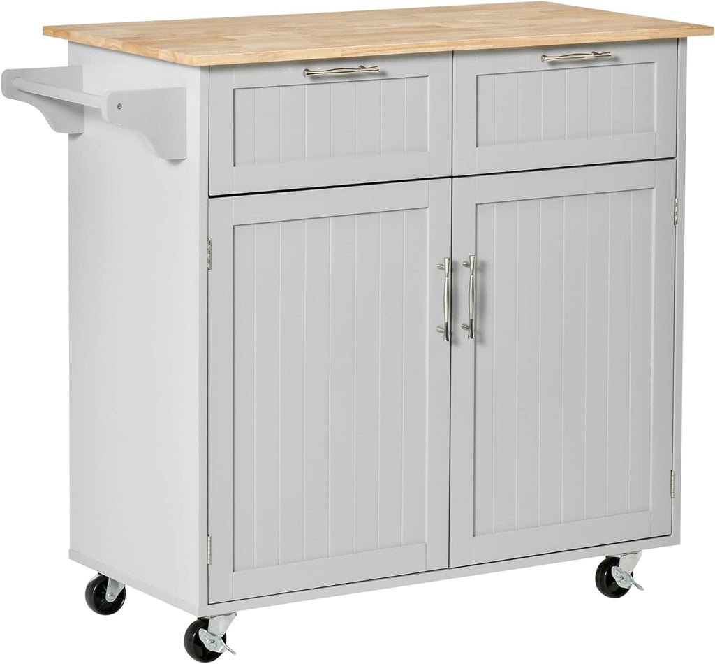 White Rolling Kitchen Island with Rubberwood Top and Drawers Z44518