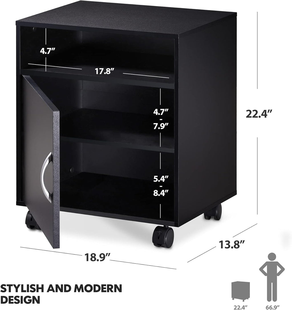 Mobile Black Wood Printer Stand with Storage Shelves and Wheels Q5251