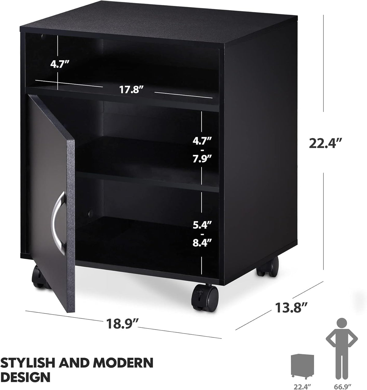 Mobile Black Wood Printer Stand with Storage Shelves and Wheels Q5251