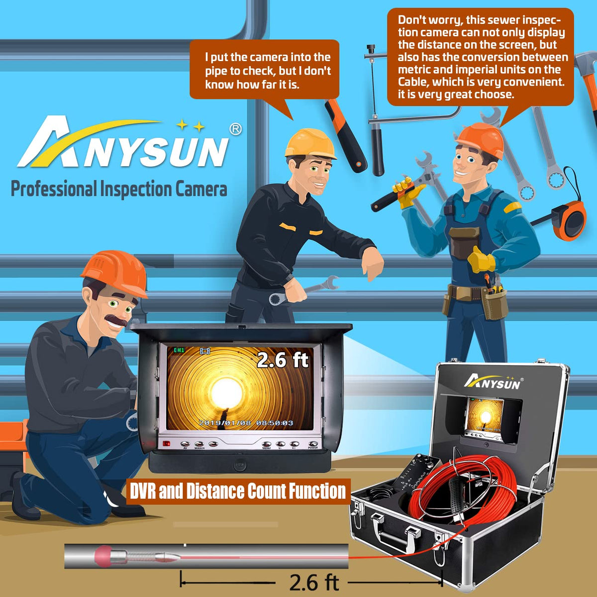 100ft Sewer Camera with Distance Counter DVR 7 inch LCD Monitor IP68 H708