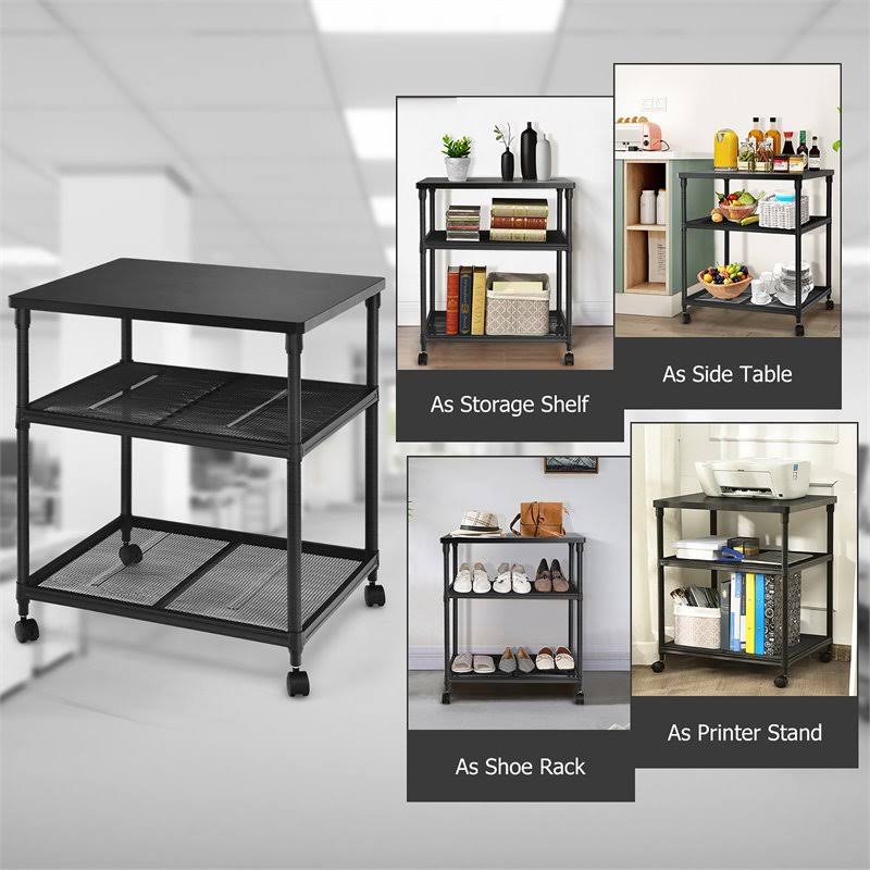 3-Tier Printer Stand Rolling Cart with Adjustable Shelf and Swivel Wheel Black T6999
