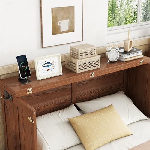 Full Size Walnut Murphy Bed with Charging Station and Drawers S123