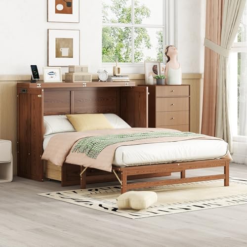 Full Size Walnut Murphy Bed with Charging Station and Drawers S123