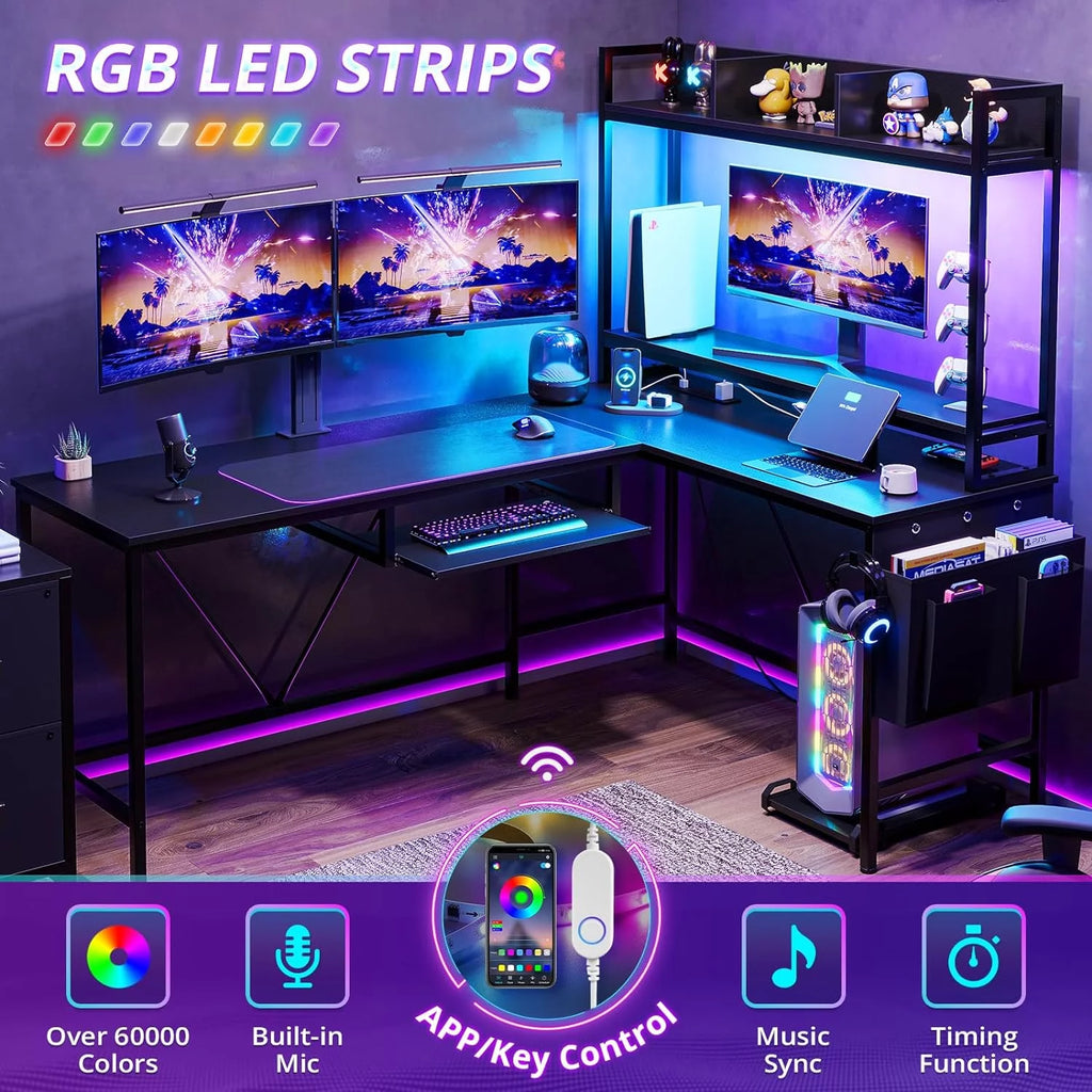 L Shaped Desk with Storage Shelves, File Drawer, Power Outlet, LED Light, Black Q39234