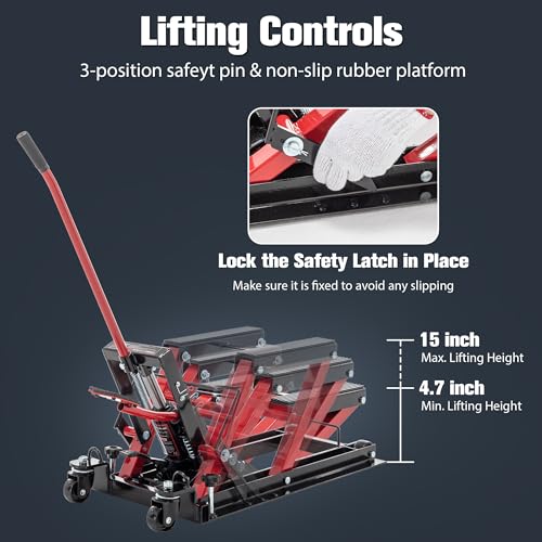 Red Hydraulic Motorcycle Lift Jack 1500 LBS Capacity, Foot-Operated Scissor Lift Table, Adjustable Height S6085