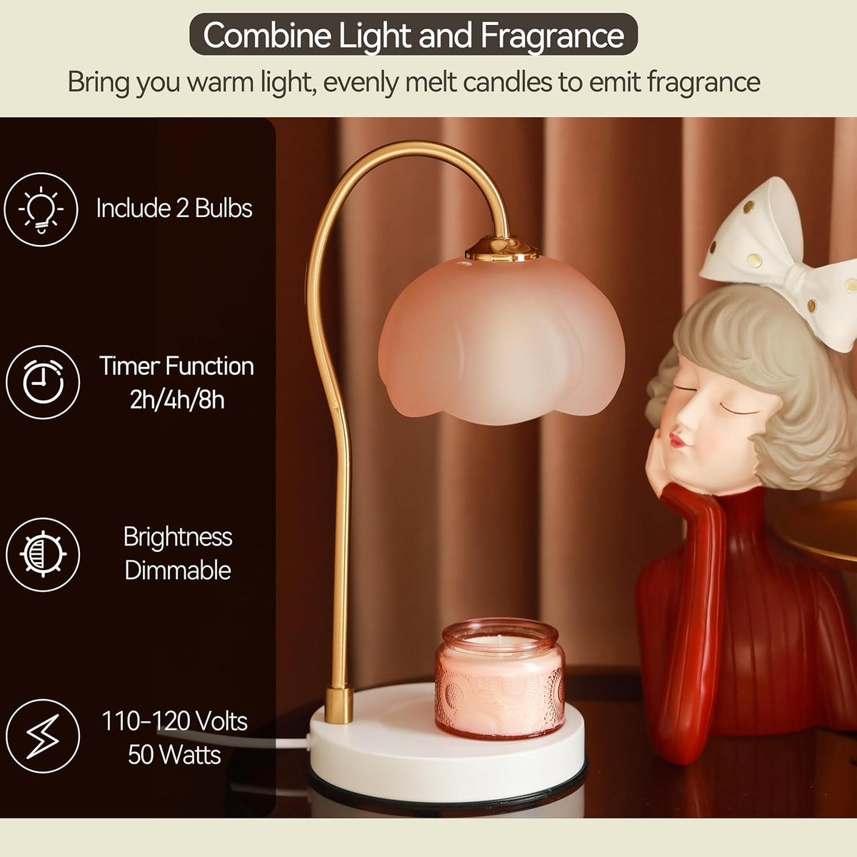 Candle Warmer Lamp with Timer & Dimmer, Electric for Large Jar Candles, 3 Wick Candle, with 2 Bulbs P110