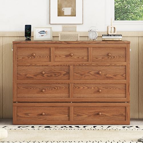 Full Size Walnut Murphy Bed with Charging Station and Drawers S123
