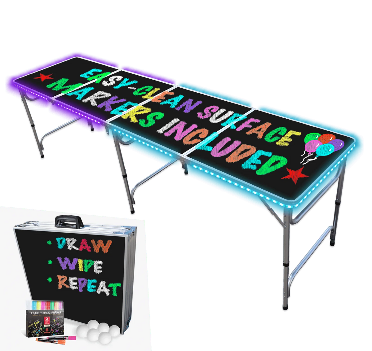 8-Foot Beer Pong Table with Cup Holes, LED Lights, Dry Erase Surface A76176