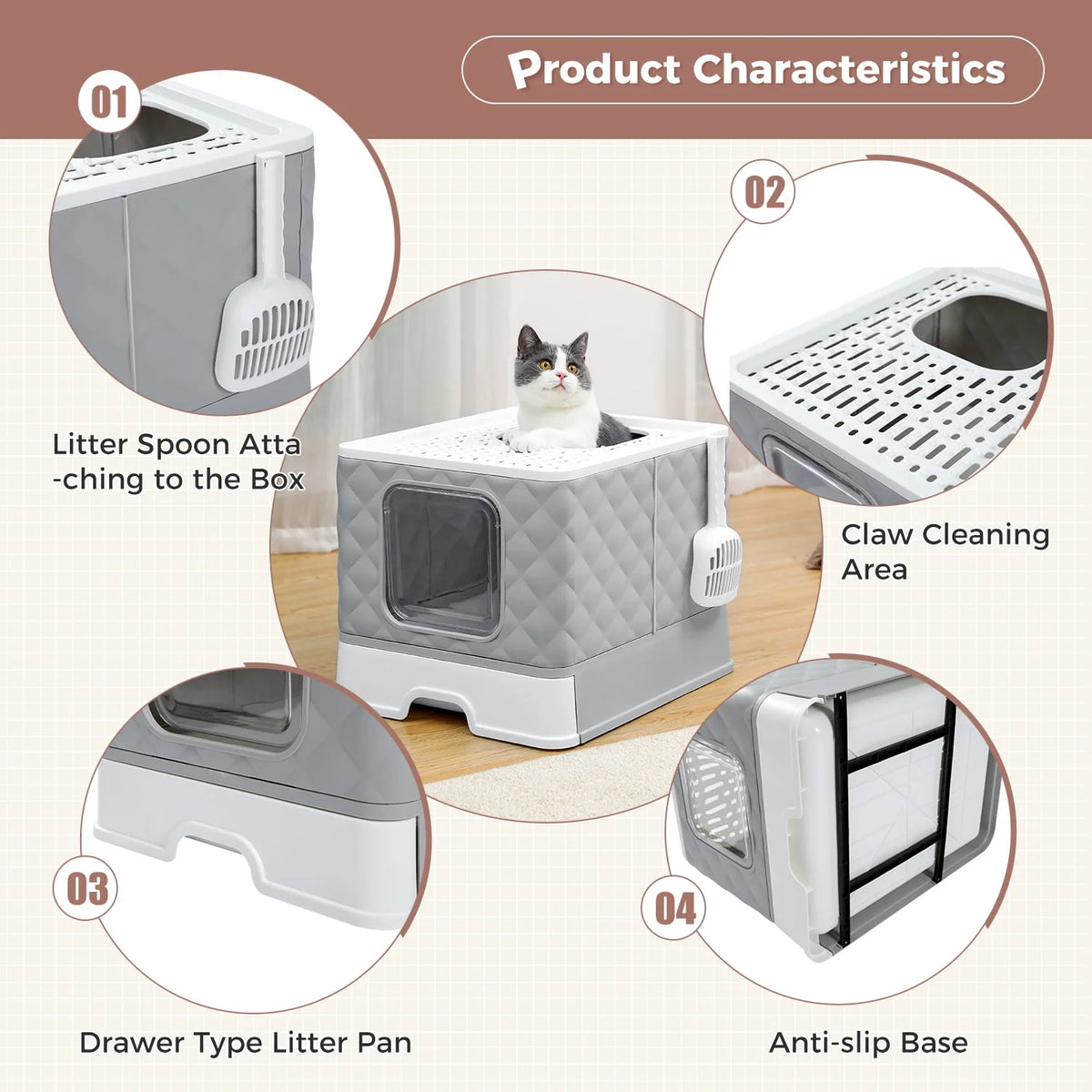 Enclosed Cat Litter Box with Lid Drawer Type Gray D15651