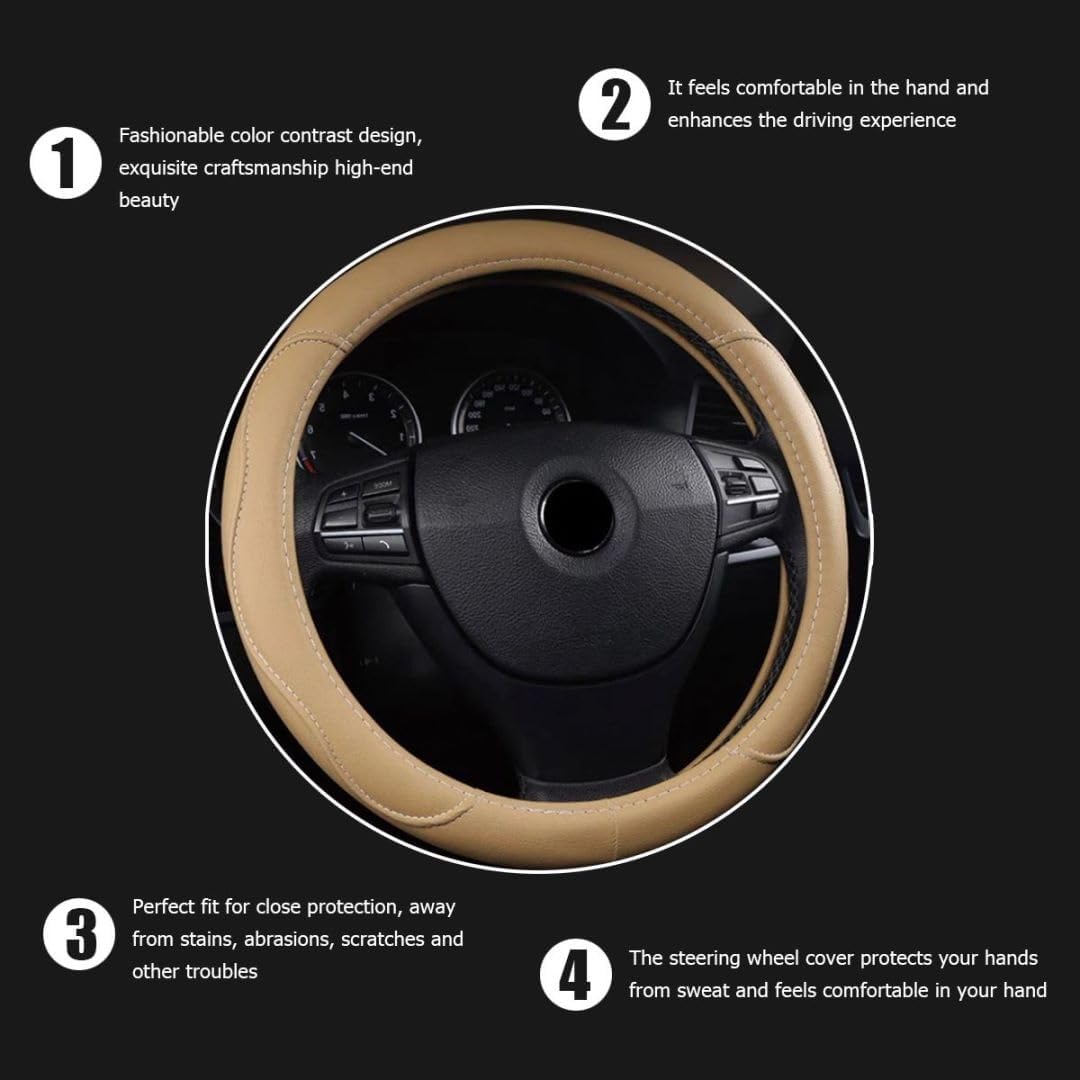 Beige 14.5-15 Inch Leather Steering Wheel Cover V781