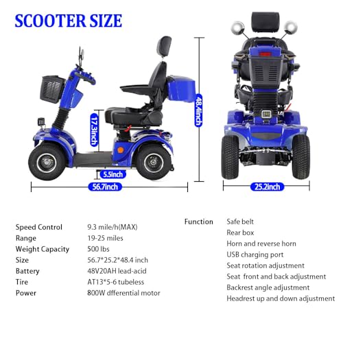 4 Wheel 500lbs Capacity Electric Powered Mobility Scooter with Adjustable Seat and Rear Basket N944330