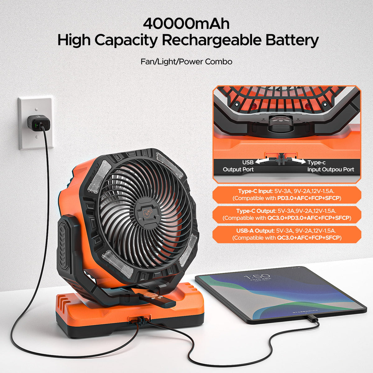 Portable Rechargeable Camping Fan with LED Light Y625183