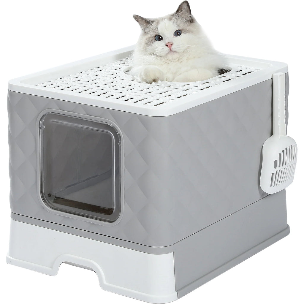 Enclosed Cat Litter Box with Lid Drawer Type Gray D15651