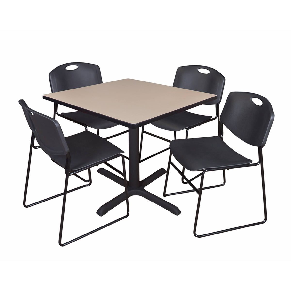 Beige Square Breakroom Table with 4 Black Stack Chairs C7165