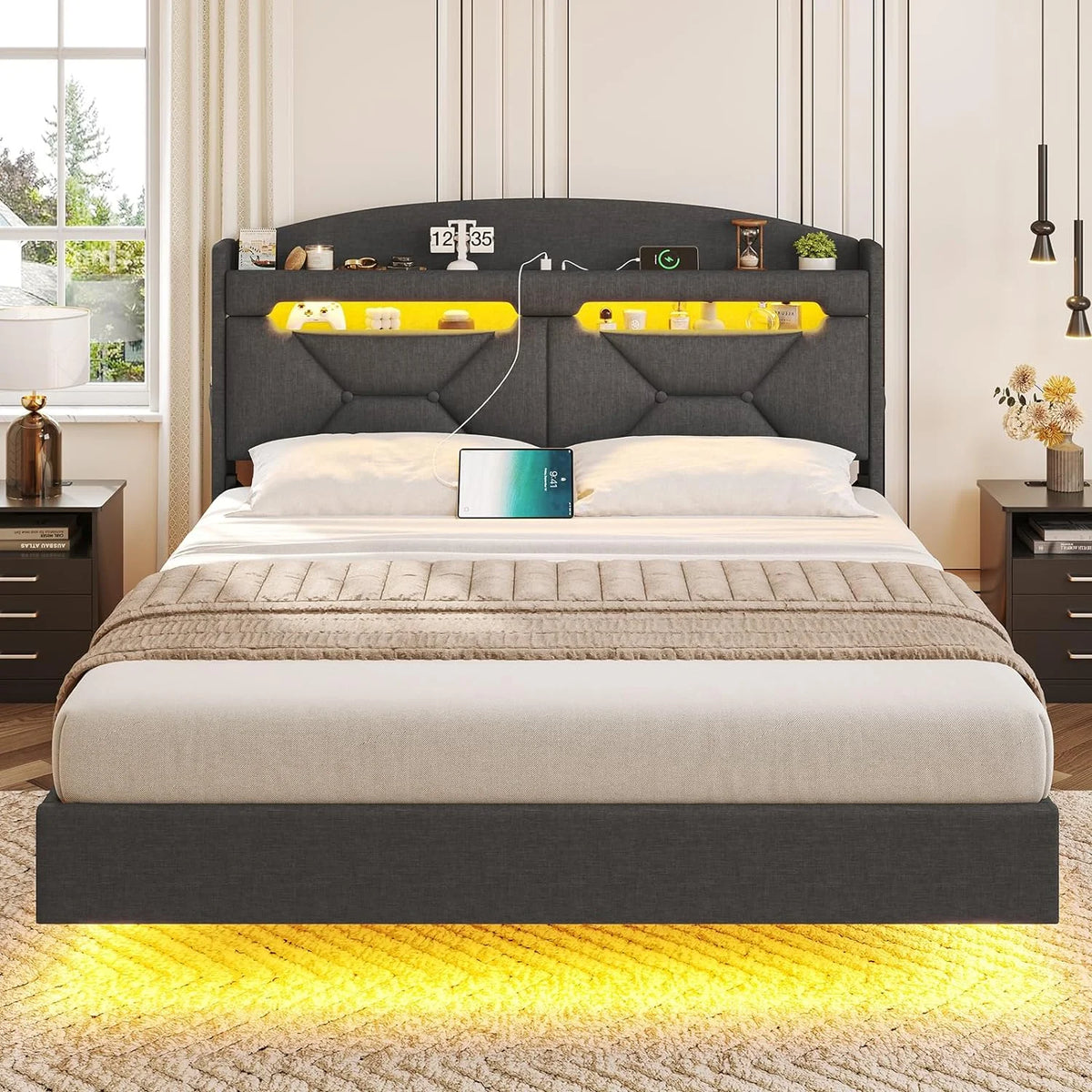 King Size Upholstered Platform Bed Frame with Storage Headboard and LED Lights I959