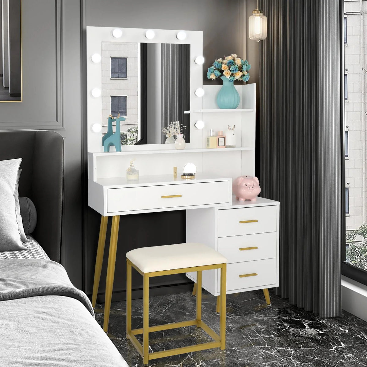 White Vanity Table Set with Lighted Mirror and 4 Drawers J4504