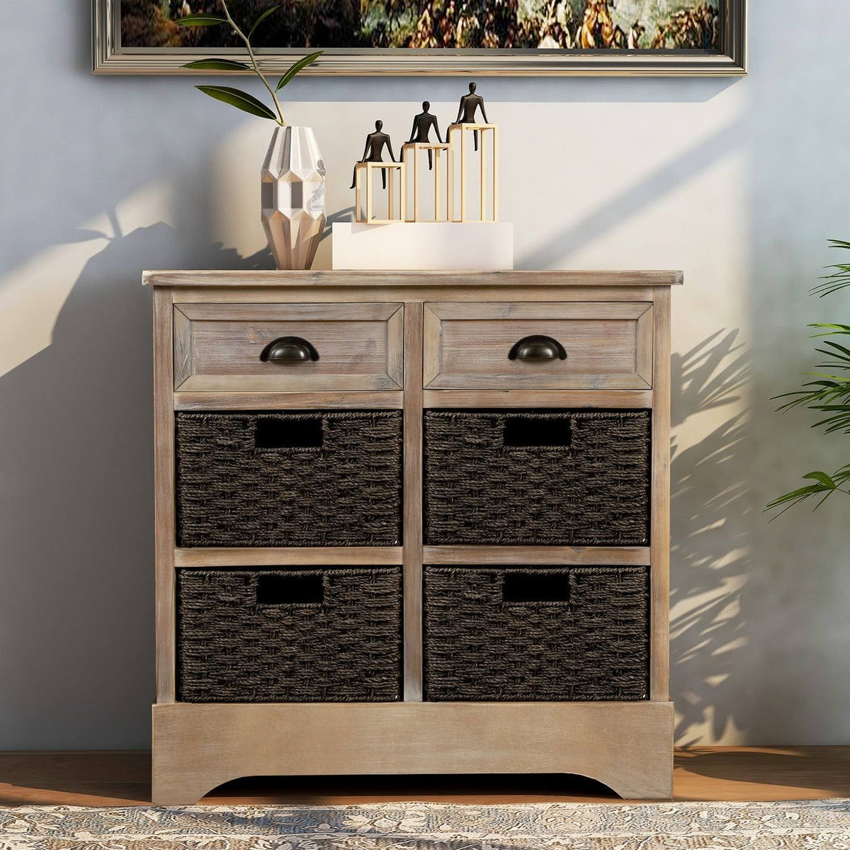 Rustic Storage Cabinet with 2 Drawers and 4 Fabric Basket N849955