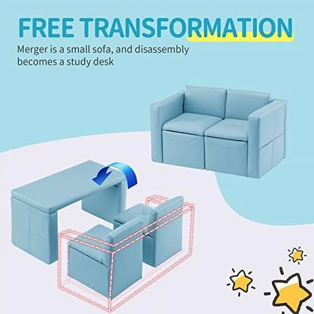 Kids 2-in-1 Double Set Sofa Convert to Table & 2 Chairs Leather Surface J5093