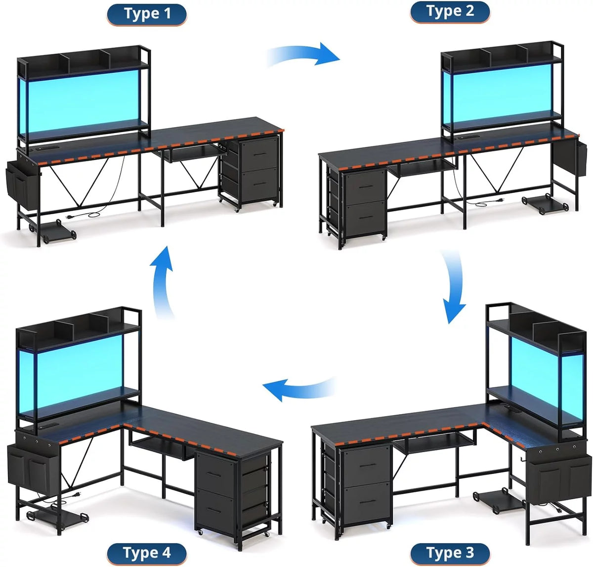 L Shaped Desk with Storage Shelves, File Drawer, Power Outlet, LED Light, Black Q39234