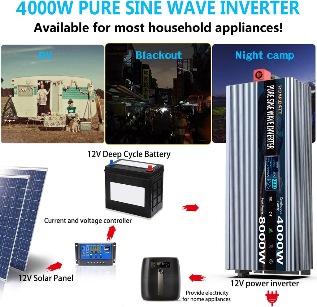 4000Watt 12V DC to AC 110V 120V Power Inverter with Remote Control 4 AC Outlets Dual USB Port C43338