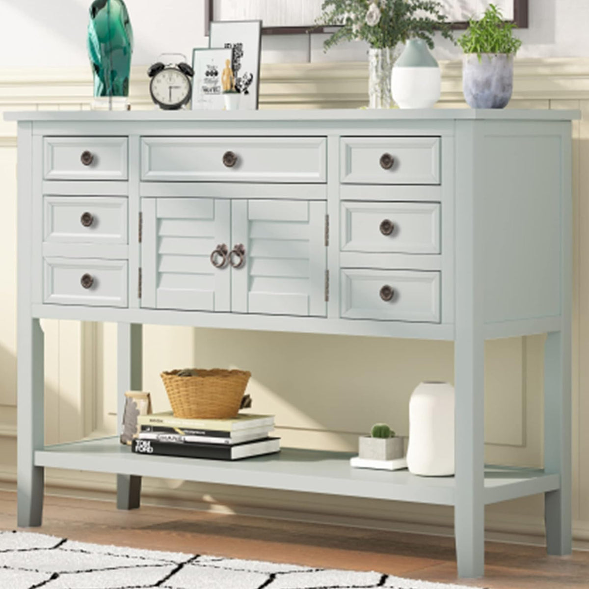 45 Console Table with 7 Drawers Cabinet and Bottom Shelf Sideboard I99257