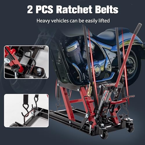 Red Hydraulic Motorcycle Lift Jack 1500 LBS Capacity, Foot-Operated Scissor Lift Table, Adjustable Height S6085