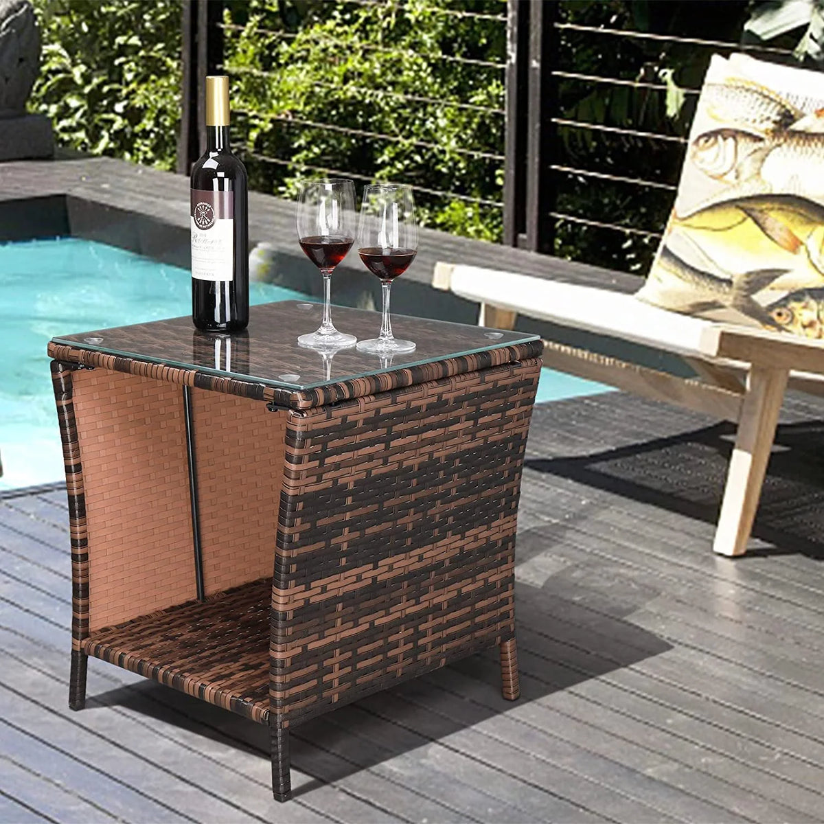 Rattan Side Table with Glass Top Storage U5741