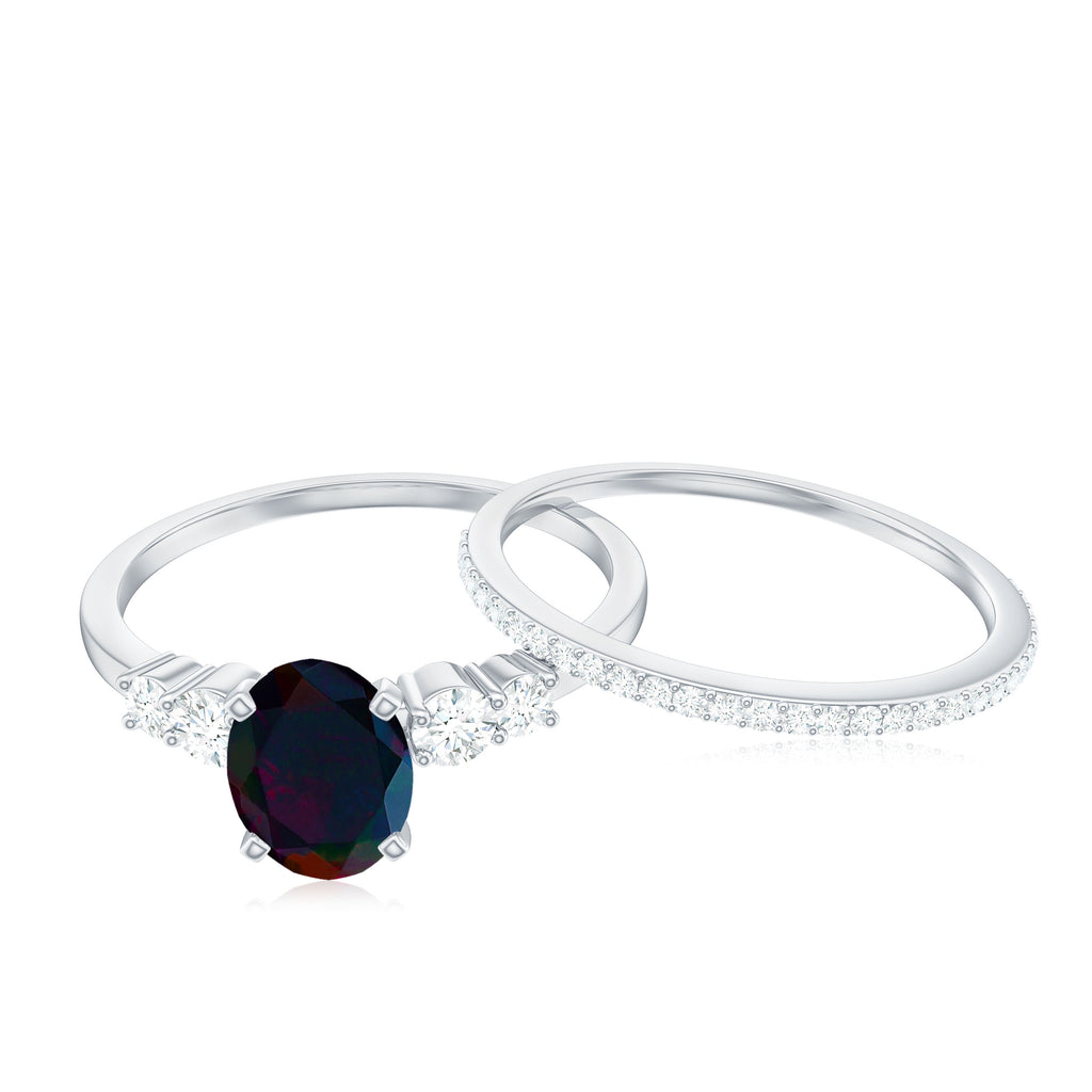 Oval Black Opal Solitaire Ring Set with Diamond, 925 Sterling Silver K1130
