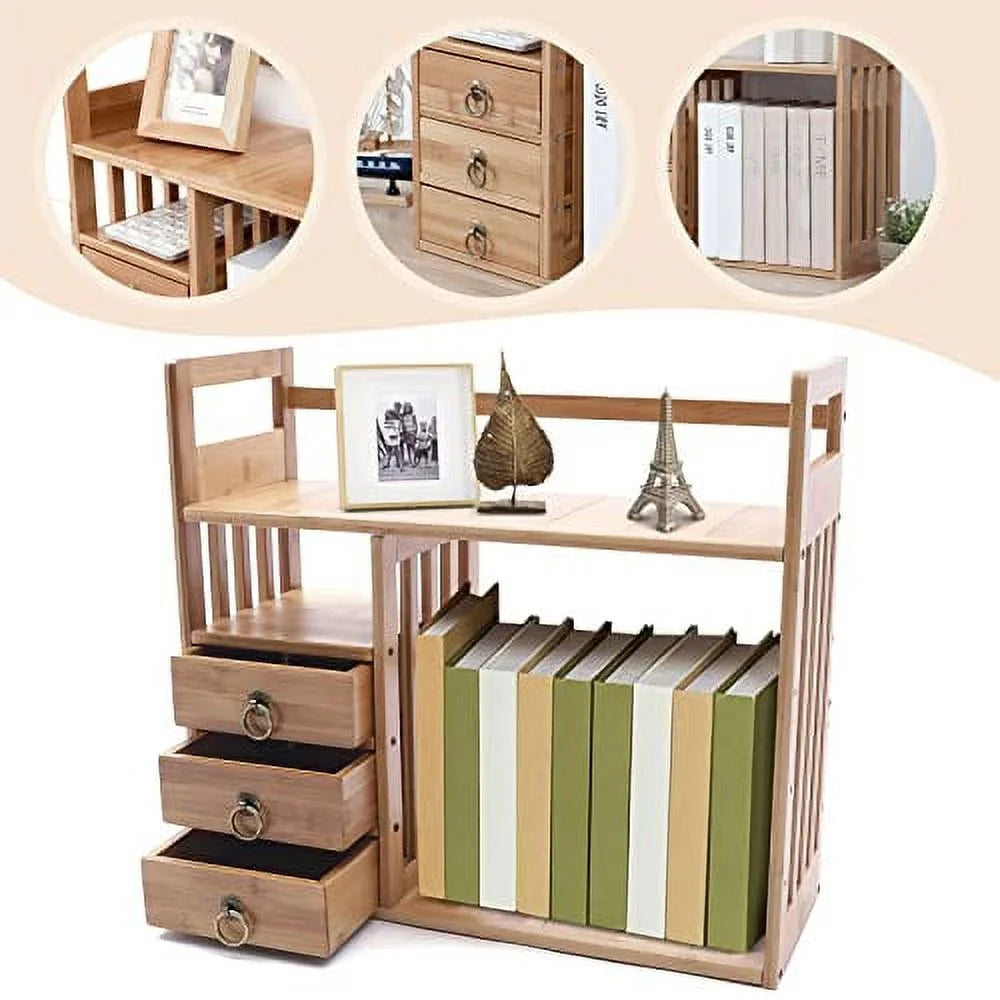 Bamboo Desktop Bookshelf Organizer with 3 Drawers P42732