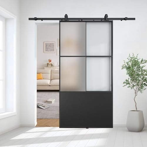 Black 3-Panel Frosted Tempered Glass Sliding Barn Door W56496