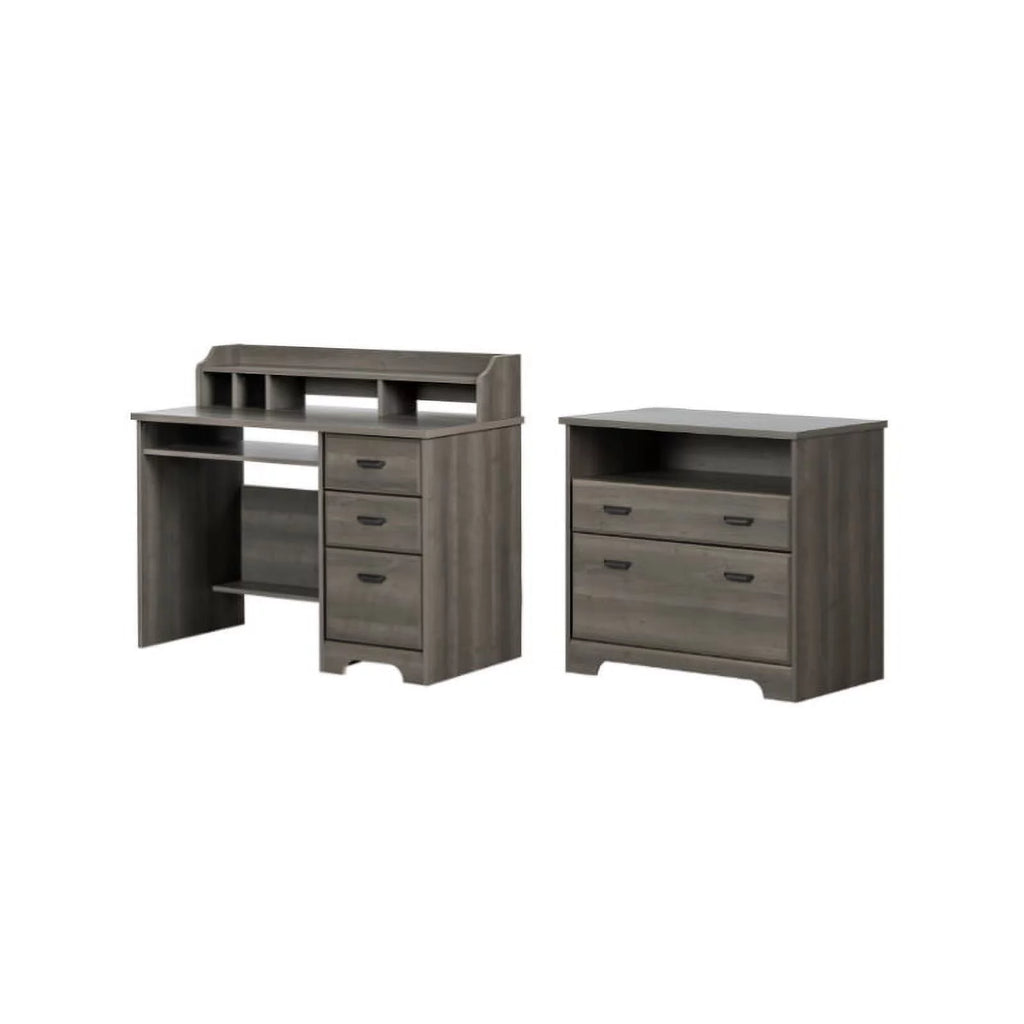 Gray Maple Desk with Hutch and 2-Drawer File Cabinet Set L68705