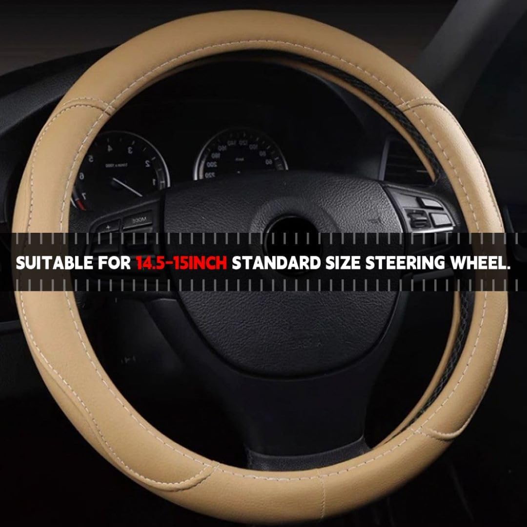 Beige 14.5-15 Inch Leather Steering Wheel Cover V781