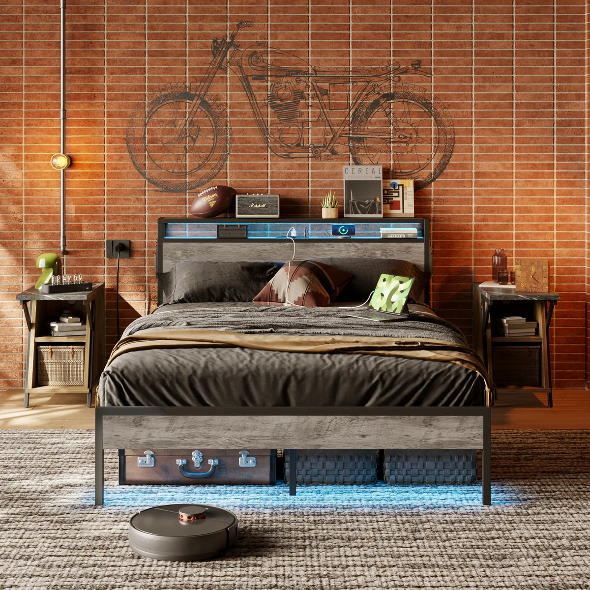 Queen Size Platform Bed with Storage Headboard and Charging Station, Grey Z73053