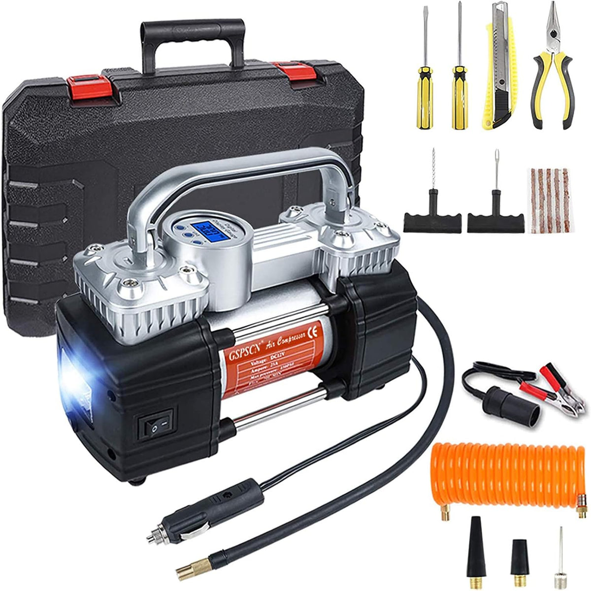 150Psi 12V Dual Cylinders Air Compressor Pump with Tire Repair Kit W420600