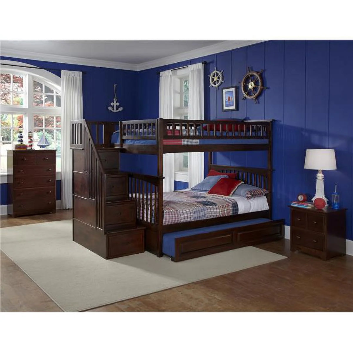 Antique Walnut Full Over Full Size Bunkbed with Trundle Bed M7148