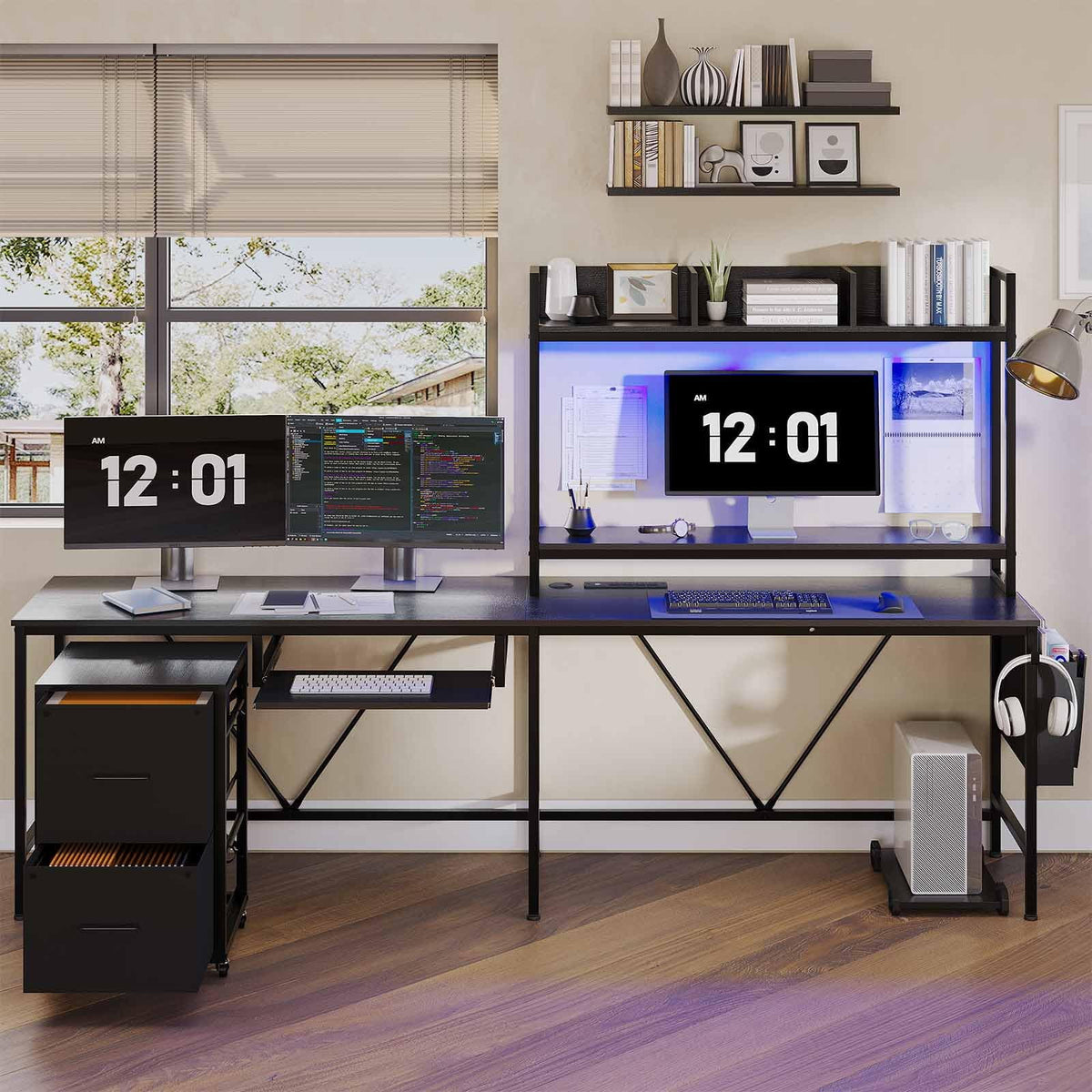 L Shaped Desk with Storage Shelves, File Drawer, Power Outlet, LED Light, Black Q39234
