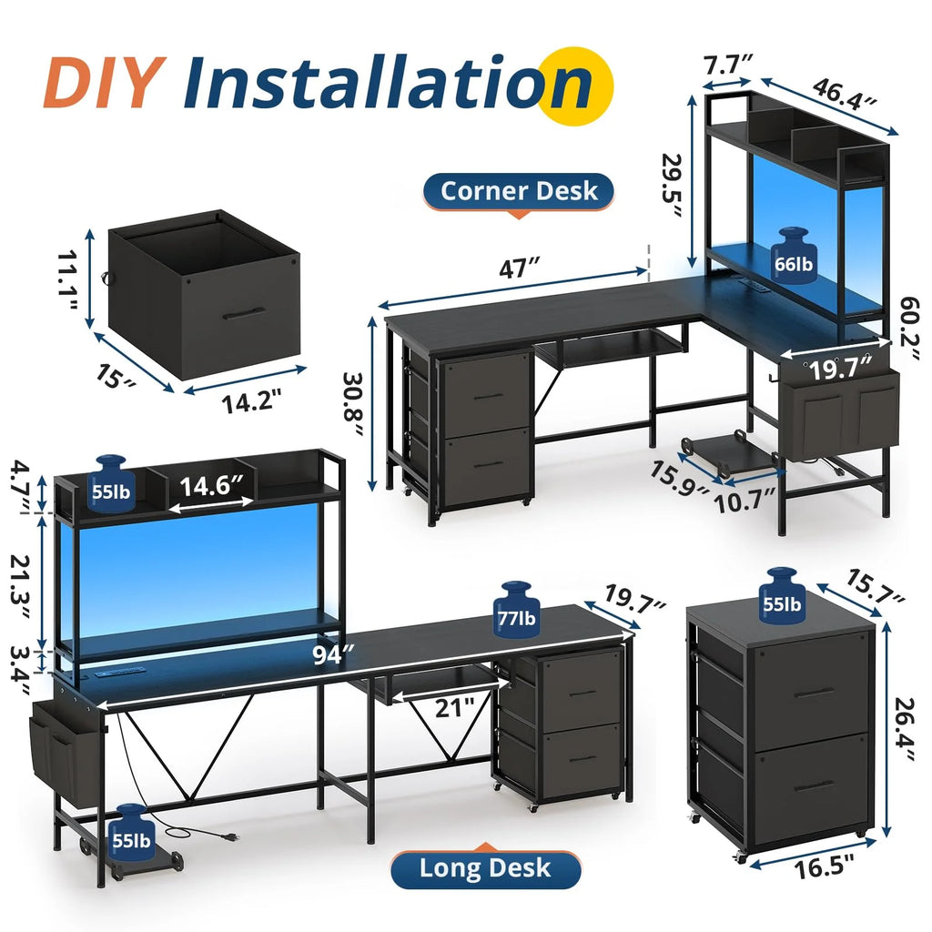 L Shaped Desk with Storage Shelves, File Drawer, Power Outlet, LED Light, Black Q39234