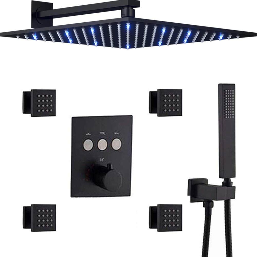 Black 12 Inch LED Rain Shower System With 4 PCS Body Sprays Handheld Shower Mixer Set J475214