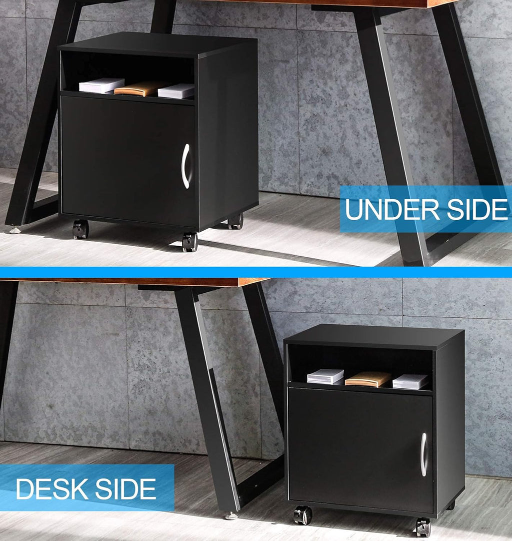 Mobile Black Wood Printer Stand with Storage Shelves and Wheels Q5251