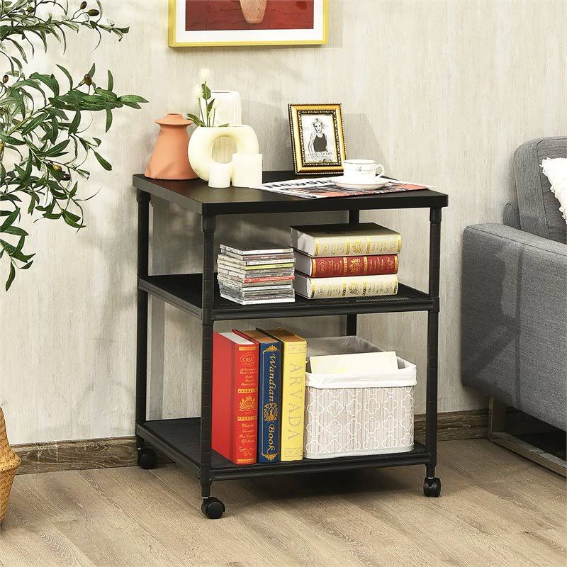 3-Tier Printer Stand Rolling Cart with Adjustable Shelf and Swivel Wheel Black T6999