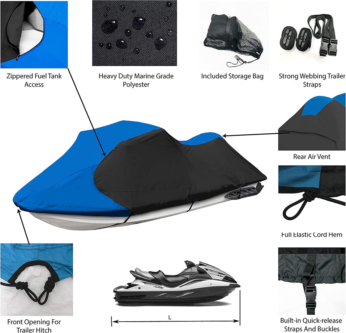 Blue/Black PWC Jet Ski Cover Fits 136”-145” T5524