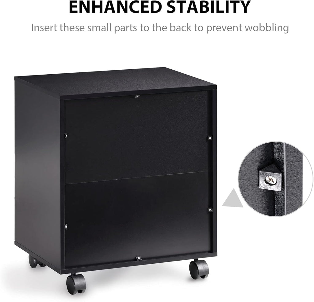 Mobile Black Wood Printer Stand with Storage Shelves and Wheels Q5251