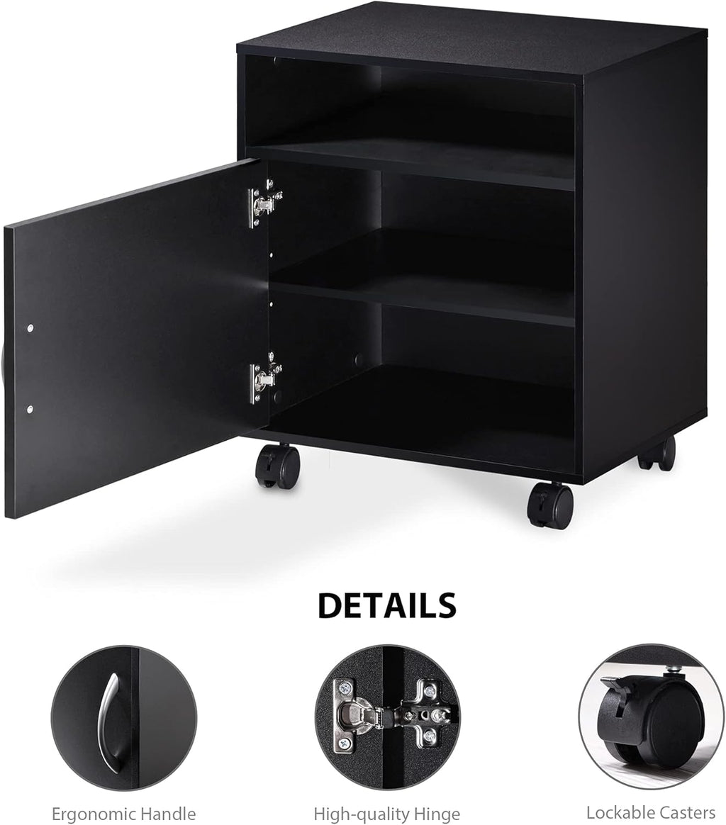 Mobile Black Wood Printer Stand with Storage Shelves and Wheels Q5251